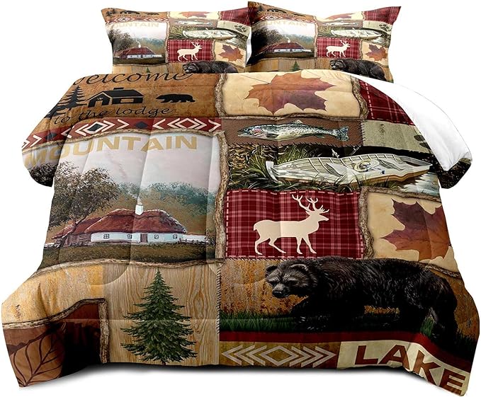 LUVIVIHOME 2PCS Cabin Comforter Set Twin Size, Bear Fish Deer Elk Moose Forest Animal Wildlife Hunting Fishing Red Buffalo Plaid Patchwork Quilt Country Lodge Rustic Farmhouse Bedding, 1 Pillow Sham - LeafyLoom
