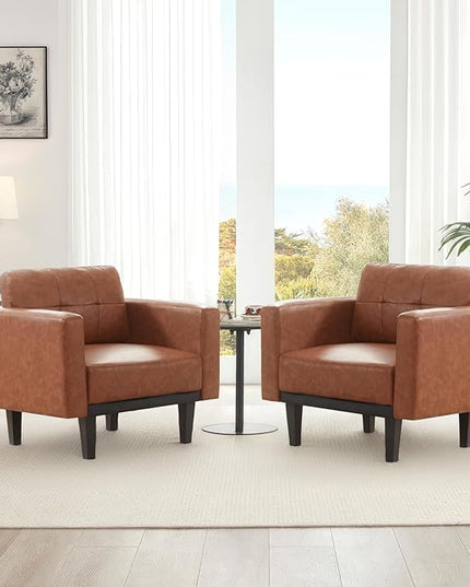 Mid-Century Leather Accent Chair set of 2 with Wood Base & Legs,Oversized Upholstered Single Sofa Chair, Comfy Living Room Armchairs for Apartment Bedroom Office Study, Cognac/Brown - LeafyLoom