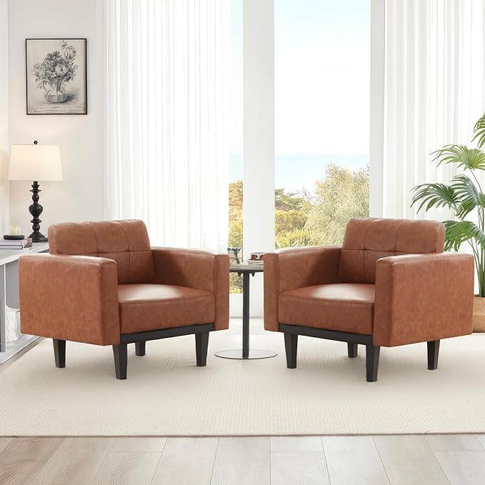 Mid-Century Leather Accent Chair set of 2 with Wood Base & Legs,Oversized Upholstered Single Sofa Chair, Comfy Living Room Armchairs for Apartment Bedroom Office Study, Cognac/Brown - LeafyLoom