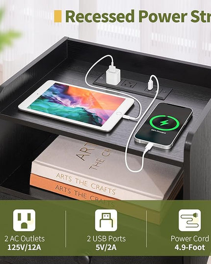 Yoobure Nightstand with Charging Station, Modern Night Stand with LED Lights, Wood Nightstands with Fabric Drawer & Storage Shelf, Night Stands Bedside Table with USB Ports for Bedroom, Office, Home - LeafyLoom