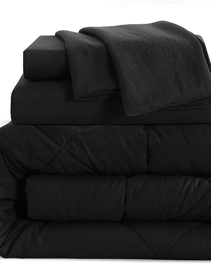 NTBAY Twin Comforter Set with Sheets, 5 Pieces Soft and Breathable Twin Bedding Set, Twin Bed in a Bag, Down Alternative Comforter Set Solid Color All Season, Kids Bedding Set, Black - LeafyLoom