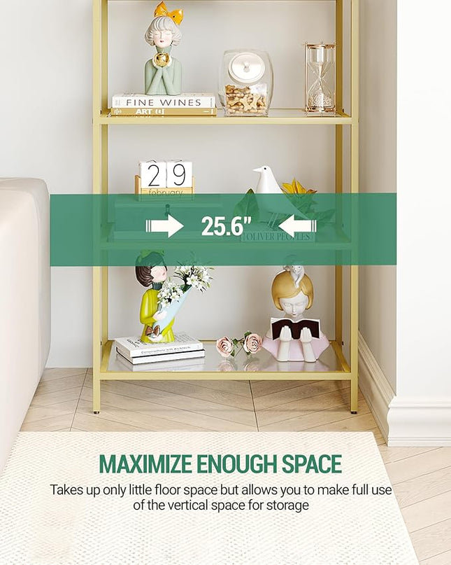 Bookcase Bookshelf, Tempered Glass Bookshelves, Slim Shelving Unit for Bedroom, Bathroom, Home Office, Steel Frame, 5 Tier Gold BC21599G - LeafyLoom