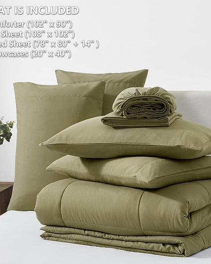 CozyLux King Size Comforter Set - 7 Pieces Bed in a Bag Set Olive Green, King Bedding Set with All Season Quilted Comforter, Flat Sheet, Fitted Sheet, Pillowcases - LeafyLoom