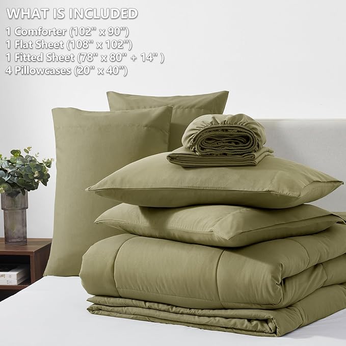 CozyLux King Size Comforter Set - 7 Pieces Bed in a Bag Set Olive Green, King Bedding Set with All Season Quilted Comforter, Flat Sheet, Fitted Sheet, Pillowcases - LeafyLoom
