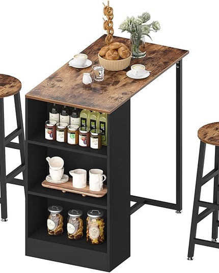 sogesfurniture 3-Piece Bar Table Set, 35.8inches Dining Room Set Dining Table with 2 Stool, Dining Table with 3 Open Storage Shelves for Dining Room, Living Room, Brown - LeafyLoom