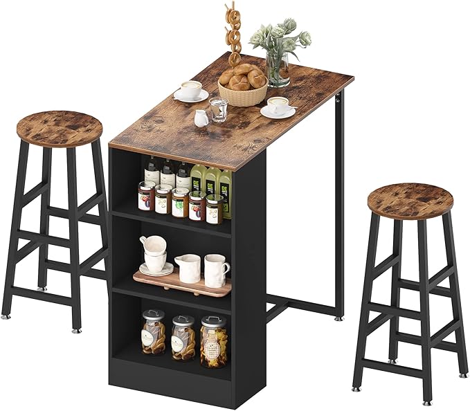 sogesfurniture 3-Piece Bar Table Set, 35.8inches Dining Room Set Dining Table with 2 Stool, Dining Table with 3 Open Storage Shelves for Dining Room, Living Room, Brown - LeafyLoom