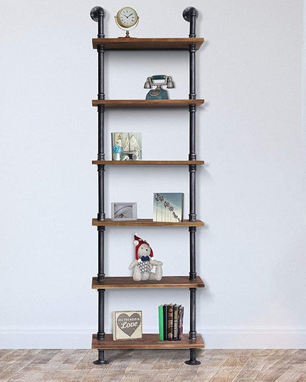 Diwhy 24”width Industrial Pipe Shelves Rustic Modern Wood Ladder Bookcase with Metal Frame,Pipe Wall Shelf,Wood Storage,Home Decor,Display Shelving,Retro Floating Wood Shelving,6 Layer Bookshelf - LeafyLoom