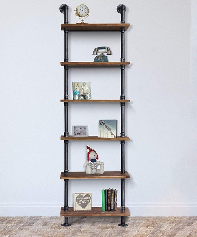 Diwhy 24”width Industrial Pipe Shelves Rustic Modern Wood Ladder Bookcase with Metal Frame,Pipe Wall Shelf,Wood Storage,Home Decor,Display Shelving,Retro Floating Wood Shelving,6 Layer Bookshelf - LeafyLoom