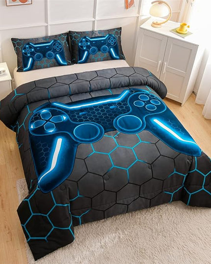 NTBED Game Console Comforter Set for Boys Girls Kids 3D Gaming Geometric Lightweight Microfiber Bedding Sets (Blue, Twin) - LeafyLoom