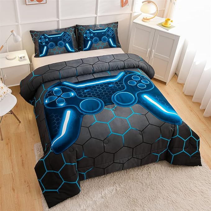 NTBED Game Console Comforter Set for Boys Girls Kids Geometric Lightweight Microfiber Bedding Sets (Blue, Full) - LeafyLoom