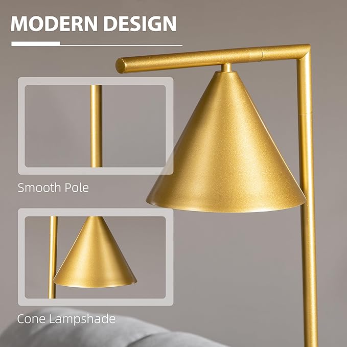 HOMCOM Modern Floor Lamps for Living Room Lighting, Adjustable Standing Lamp for Bedroom Lighting with Rotating Head, Bedside Lamp for Ambient Lighting, (Bulb not Included), Gold - LeafyLoom