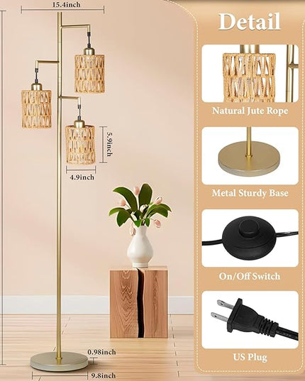 Farmhouse Floor Lamp, Industrial Style Tall Lamps, Boho Tree Standing Tall Lamp with Sturdy Modern Vintage Design for Living Room Bedroom Office Dining Room(Glod) - LeafyLoom
