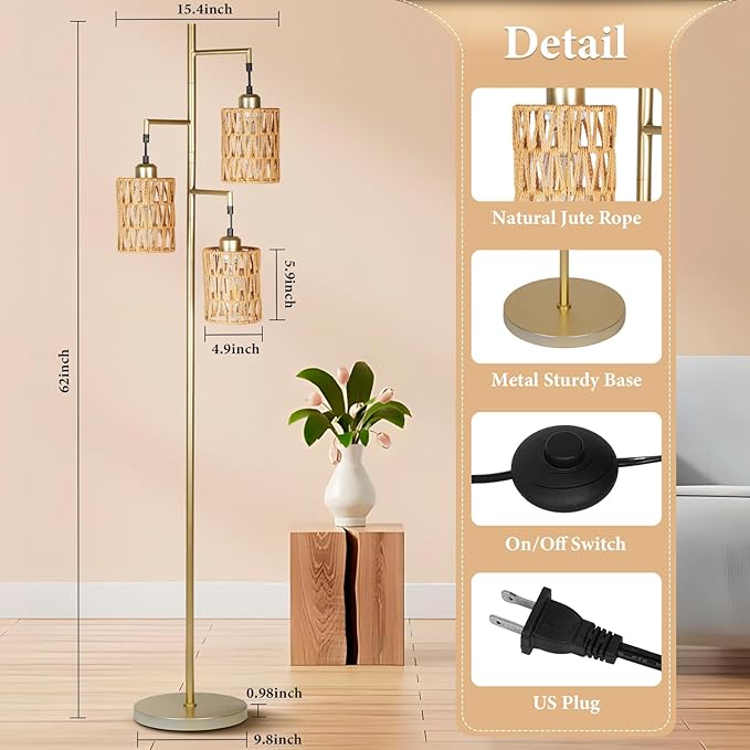 Farmhouse Floor Lamp, Industrial Style Tall Lamps, Boho Tree Standing Tall Lamp with Sturdy Modern Vintage Design for Living Room Bedroom Office Dining Room(Glod) - LeafyLoom