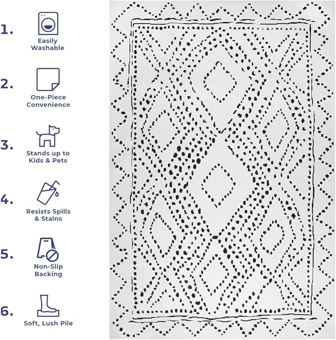 nuLOOM Mila Machine Washable Diamond Trellis Ultra Thin Runner Rug, 2' 6" x 6', White - LeafyLoom