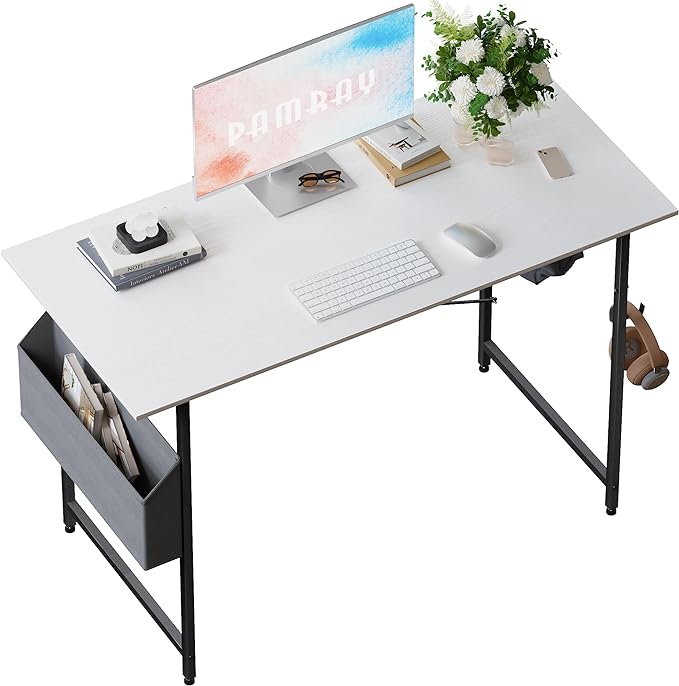 Pamray 47 Inch Computer Desk for Small Spaces with Storage Bag, Home Office Work Desk with Headphone Hook, Small Office Desk Study Writing Table - LeafyLoom