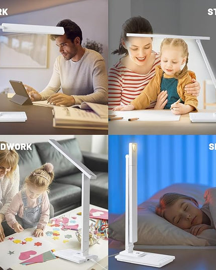 Led Desk Lamp with Wireless Charger, White Desk Lamps for Home Office with Clock, Alarm, Date, Temperature | Desk Light with Night Light, 46 Min Auto Timer | Touch Control Smart Lamp for College, Dorm - LeafyLoom