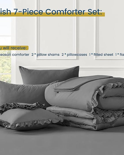 Queen Bed in a Bag 7 Pieces Comforter Set Queen, Ruffle Shabby Chic Bedding Comforter Set Dark Grey Bed Set with Comforter, Pillowcases, Flat Sheet, Fitted Sheet and Pillow Shams - LeafyLoom