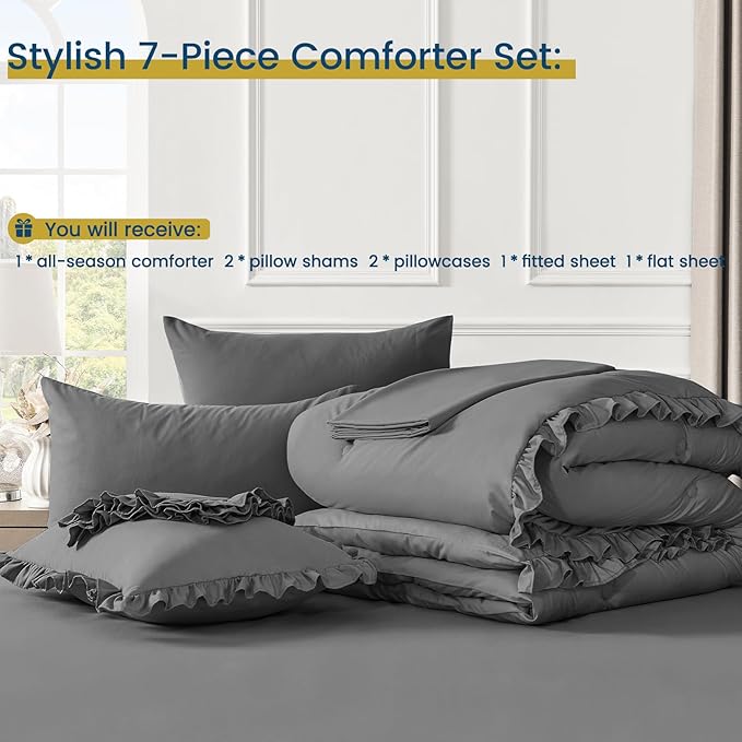 King Size Bed in a Bag 7 Pieces King Size Comforter Set, Ruffle Shabby Chic Bedding Comforter Set Dark Grey Bed Set with Comforter, Pillowcases, Flat Sheet, Fitted Sheet and Pillow Shams - LeafyLoom