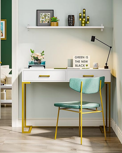 Computer Desk with 2 Drawers, Wooden Writing Desks for Home Office, White&Gold - LeafyLoom