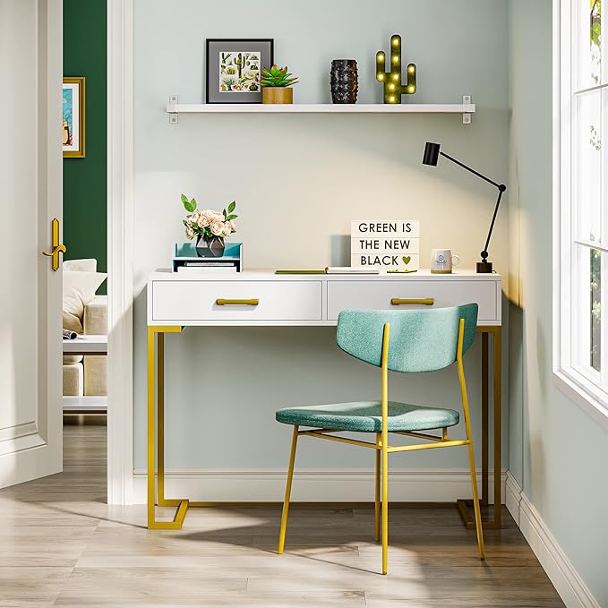 Computer Desk with 2 Drawers, Wooden Writing Desks for Home Office, White&Gold - LeafyLoom