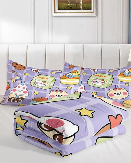 Kawaii Bear Comforter Set for Kids Teens Girls Women,Purple Bear Kids Comforter,1 Comforter with 2 Pillowcase, Microfiber 3 Piece Bedding Set,for All Seasons(Purple，Twin Size) - LeafyLoom