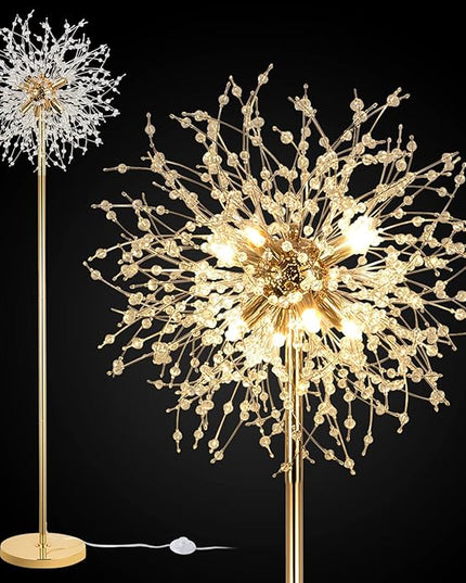 69 inch Crystal Floor Lamp, Modern Standing Lamp with K9 Crystal, LED Floor Lamp with On/Off Foot Switch, Metal Tall Pole Lamp for Living Room, Girls Room, Bedroom, Dresser, Office, Gold Finish - LeafyLoom