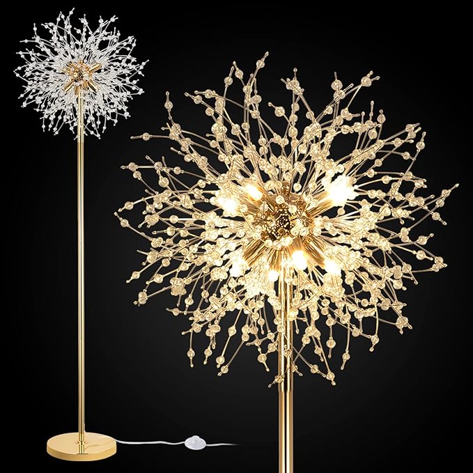 69 inch Crystal Floor Lamp, Modern Standing Lamp with K9 Crystal, LED Floor Lamp with On/Off Foot Switch, Metal Tall Pole Lamp for Living Room, Girls Room, Bedroom, Dresser, Office, Gold Finish - LeafyLoom
