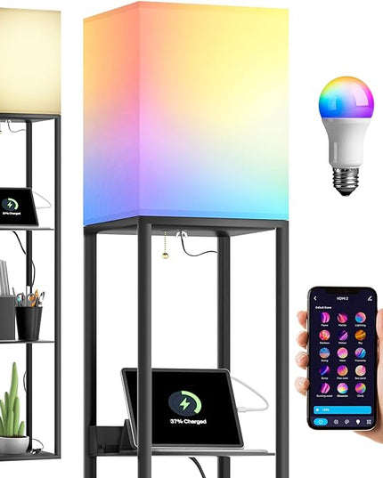 Evajoy Floor Lamp with Shelves, Smart RGB Floor Lamps Work with Alexa, with 2 USB Ports & 1 AC Output, Modern 4-Tier Lamp for Display Storage,Black - LeafyLoom