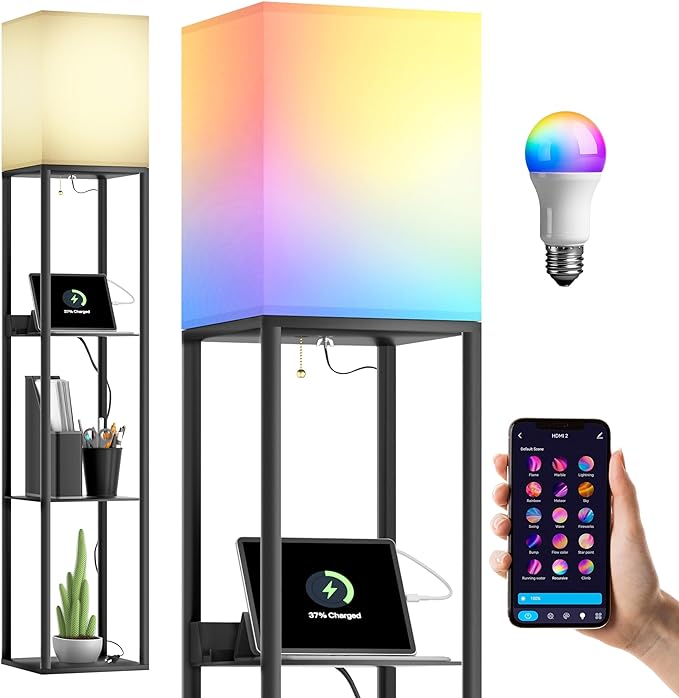 Evajoy Floor Lamp with Shelves, Smart RGB Floor Lamps Work with Alexa, with 2 USB Ports & 1 AC Output, Modern 4-Tier Lamp for Display Storage,Black - LeafyLoom