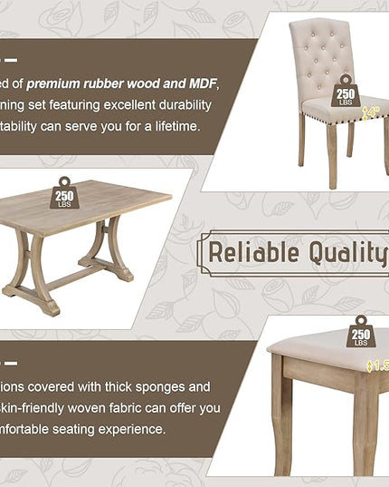 Retro Rustic Table, 6 Piece Farmhouse, Rectangular TrestleTable and Bench&4 Upholstered Chairs, Wooden Kitchen Furniture Set for Dining Room, Wood - LeafyLoom