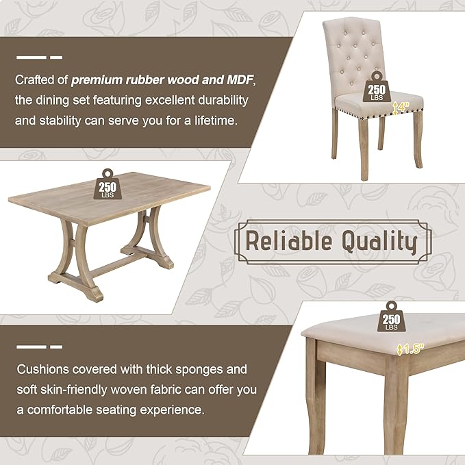 Retro Rustic Table, 6 Piece Farmhouse, Rectangular TrestleTable and Bench&4 Upholstered Chairs, Wooden Kitchen Furniture Set for Dining Room, Wood - LeafyLoom