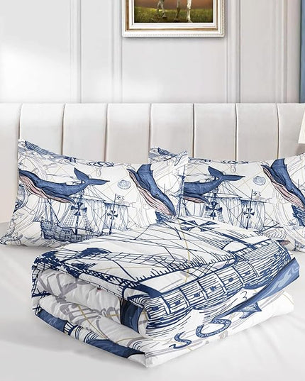 CVHOUSE Whale Comforter Set Full Size,Ocean Theme Bedding Set for Kids,Whale Nautical Sailing Quilt Set Ocean Duvet Set Ocean Decor 3 Pieces - LeafyLoom