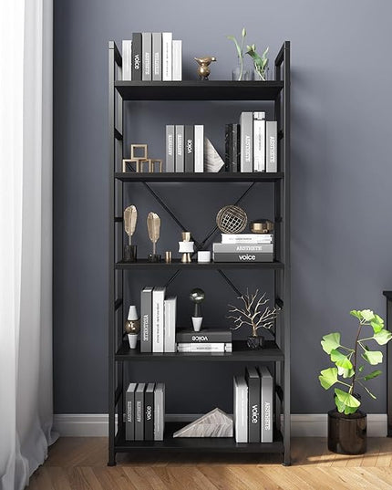 VERMESS Bookshelf Black, 5 Tier Shelving Unit Tall Book Shelf, Wood Bookcase with Open Shelves, Industrial Standing Storage Bookshelves Metal Display Rack for Living Room, Bedroom, Home, Office - LeafyLoom