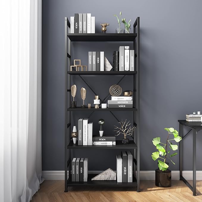 VERMESS Bookshelf Black, 5 Tier Shelving Unit Tall Book Shelf, Wood Bookcase with Open Shelves, Industrial Standing Storage Bookshelves Metal Display Rack for Living Room, Bedroom, Home, Office - LeafyLoom