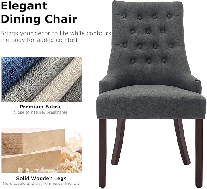 COLAMY Wingback Upholstered Dining Chairs Set of 2, Fabric Side Dining Room Chairs with Tufted Button, Living Room Chairs for Home Kitchen- Dark Grey - LeafyLoom