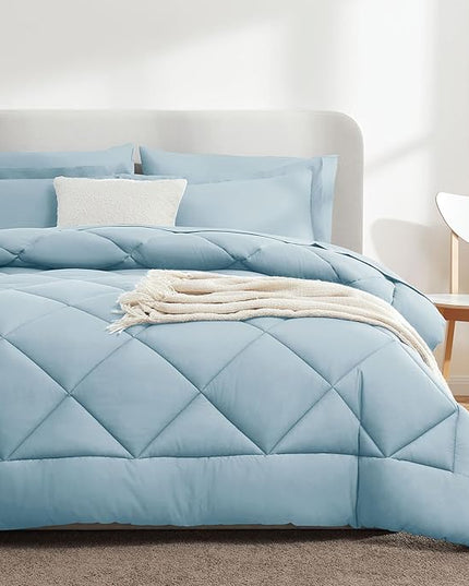 CozyLux Queen Bed in a Bag 7-Pieces Comforter Sets with Comforter and Sheets Light Blue All Season Bedding Sets with Comforter, Pillow Shams, Flat Sheet, Fitted Sheet and Pillowcases - LeafyLoom