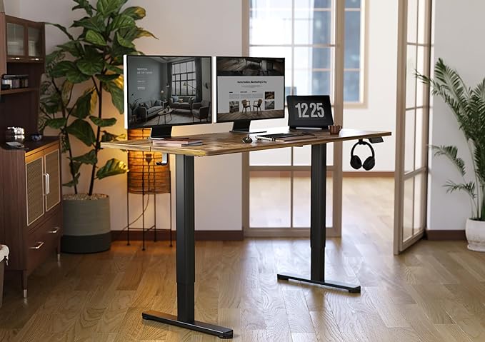 Electric Standing Desk, Adjustable Height Stand up Desk, 55x24 Inches Sit Stand Home Office Desk with Splice Board,Rustic Brown Top - LeafyLoom