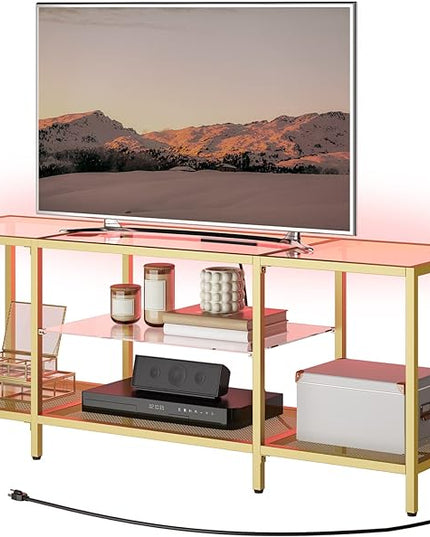 HOOBRO TV Stand with LED Lights and Power Outlets for TVs up to 65", Modern 55 Inch Tempered Glass TV Console Table with Open Shelves, Media Entertainment Center for Living Room, Gold GD145UDS01 - LeafyLoom