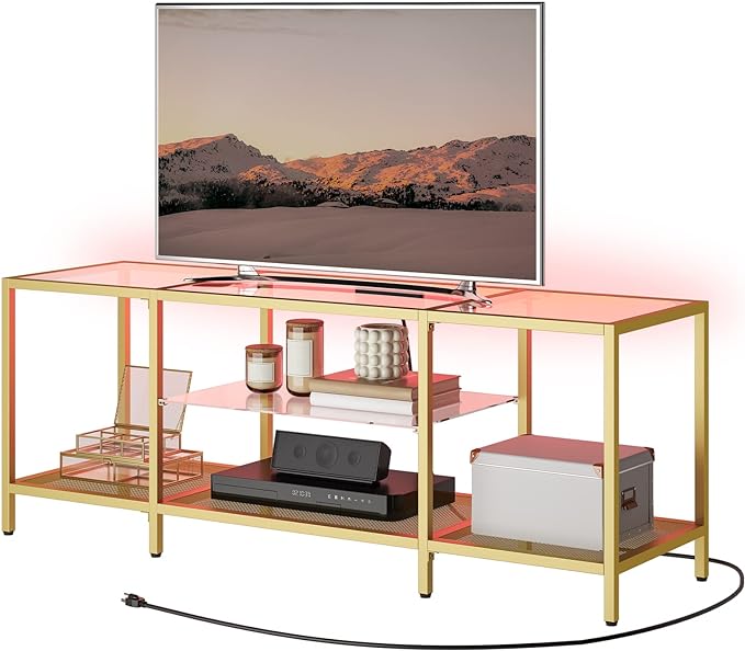 HOOBRO TV Stand with LED Lights and Power Outlets for TVs up to 65", Modern 55 Inch Tempered Glass TV Console Table with Open Shelves, Media Entertainment Center for Living Room, Gold GD145UDS01 - LeafyLoom
