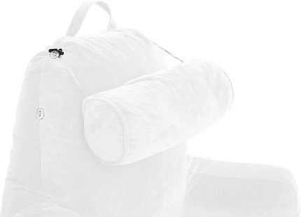 Husband Pillow XXL White Backrest with Arms - Adult Reading Pillow Shredded Memory Foam, Ultra-Comfy Removable Microplush Cover & Detachable Neck Roll, Unmatched Support for Bed Rest Sit Up Pillow - LeafyLoom