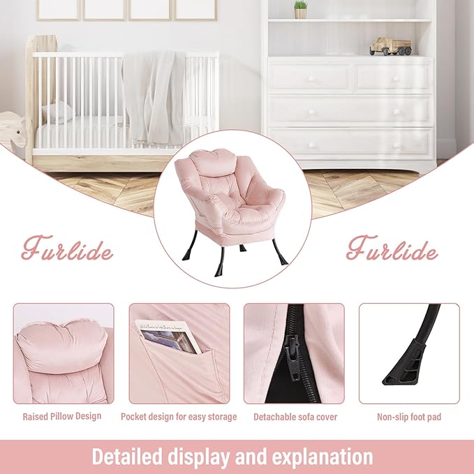 Lazy Chair with Ottoman, Modern Chair with Folding Footrest, Lounge Accent Chair, Comfortable Reading Chair, Oversized Armchairs for Bedroom, Study, Living Room, Courtyard (Pink) - LeafyLoom