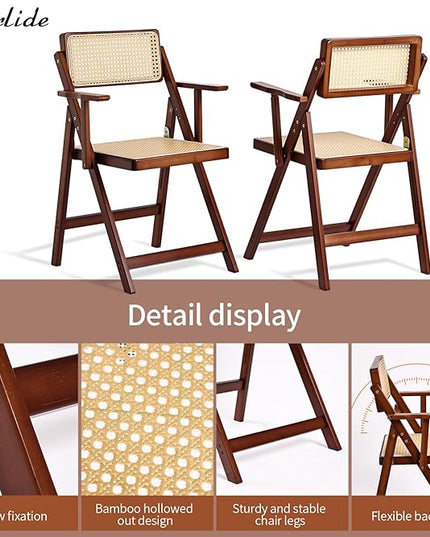 Rattan Folding Dining Chairs Set of 2, Modern Mid Century Dining Chairs with Arms, Outdoor Bamboo Chairs for Bedroom, Living Room, Reading Room, Walnut - LeafyLoom