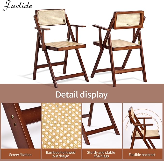 Rattan Folding Dining Chairs Set of 2, Modern Mid Century Dining Chairs with Arms, Outdoor Bamboo Chairs for Bedroom, Living Room, Reading Room, Walnut - LeafyLoom