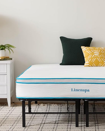 Linenspa 10” Memory Foam and Innerspring Hybrid Mattress + 14” Black Metal Platform Bedframe – Twin Mattress + Metal Folding Twin Bed Frame - LeafyLoom