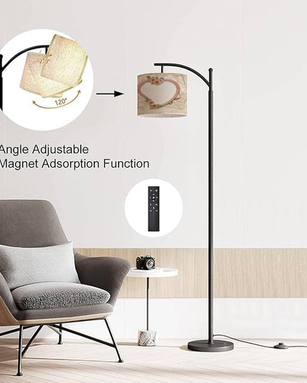 Modern Arc Floor Lamp with Dimmer Mid Century Vintage Old Postcards Heart Metal Standing Lamp with Linen Shade Footswitch for Living Room Bedroom Office - LeafyLoom