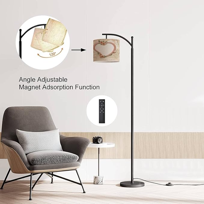 Modern Arc Floor Lamp with Dimmer Mid Century Vintage Old Postcards Heart Metal Standing Lamp with Linen Shade Footswitch for Living Room Bedroom Office - LeafyLoom