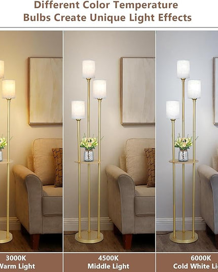 Floor Lamps for Living Room, 3-Lights Modern Floor Lamp with Shelves, Gold Standing Lamp with Fabric Shade and Foot Switch, Shelf Standing Lamps with Table, Tall Table Lamps for Bedroom Office - LeafyLoom