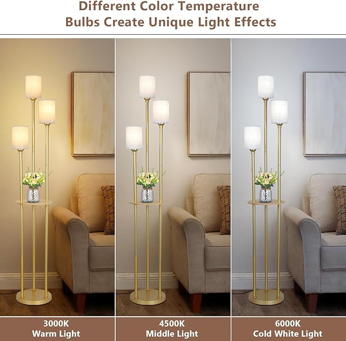 Floor Lamps for Living Room, 3-Lights Modern Floor Lamp with Shelves, Gold Standing Lamp with Fabric Shade and Foot Switch, Shelf Standing Lamps with Table, Tall Table Lamps for Bedroom Office - LeafyLoom