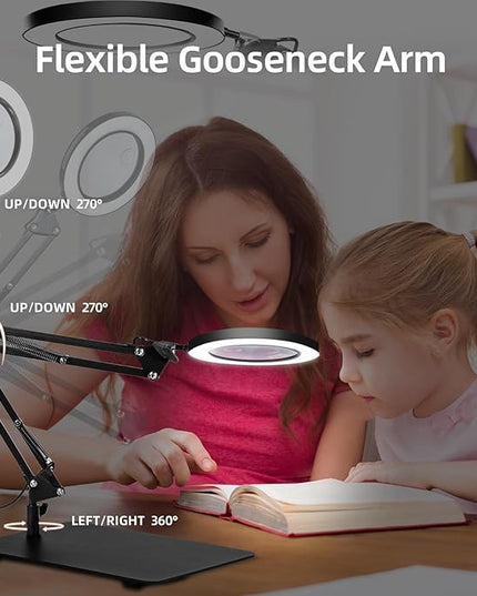 Magnifying Glass with Light and Stand, 3-in-1 Gooseneck Arms 3 Color Modes Stepless Dimmable, 10x&5X LED Desktop Magnifier with light Hands Free for Workbench Reading Crafts Painting Hobby Close Work - LeafyLoom