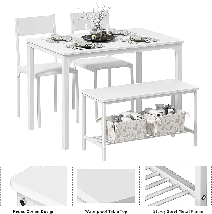 DlandHome 4 Person Dining Table Set, Dining Table with 2 Chairs and 1 Bench,Rectangular Space-Saving Dinner Table with Two Benches for Kitchen - LeafyLoom
